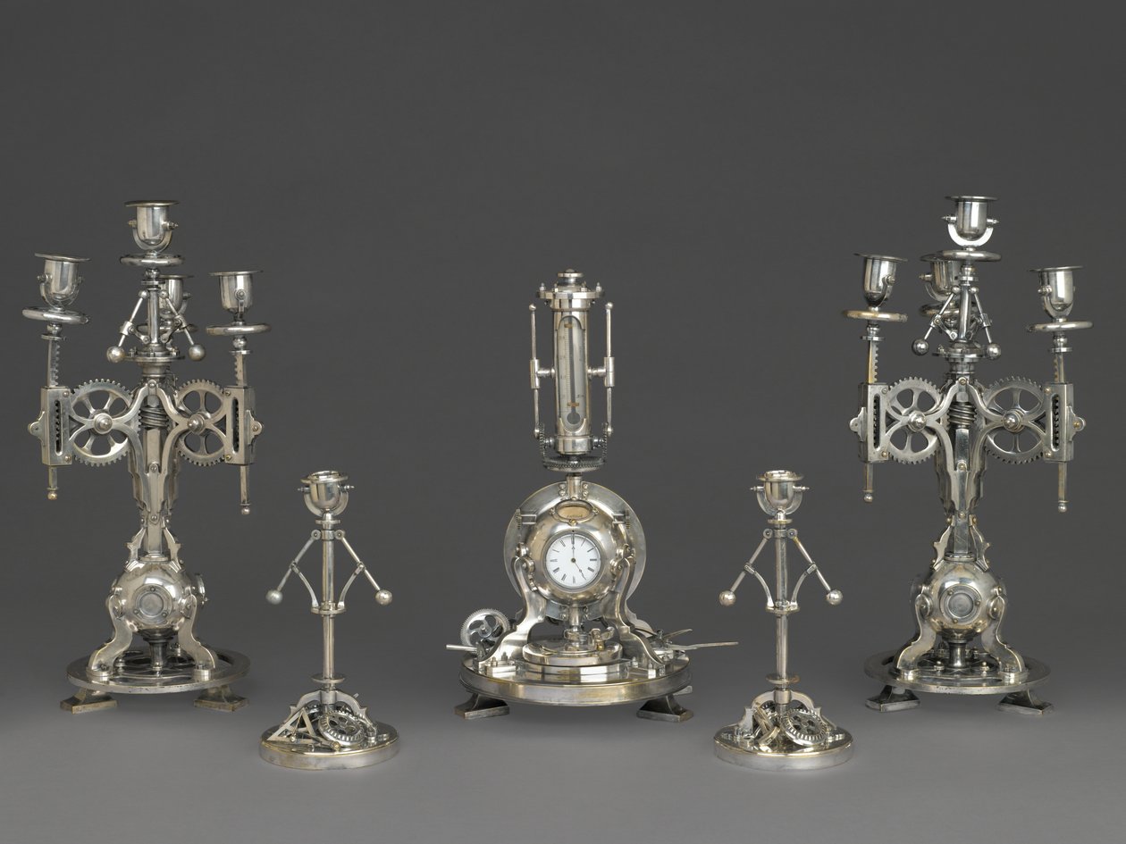 Five Piece Clock Garniture, cca 1880 (stříbřený bronz, sklo a papír) od Andre Romain Guilmet