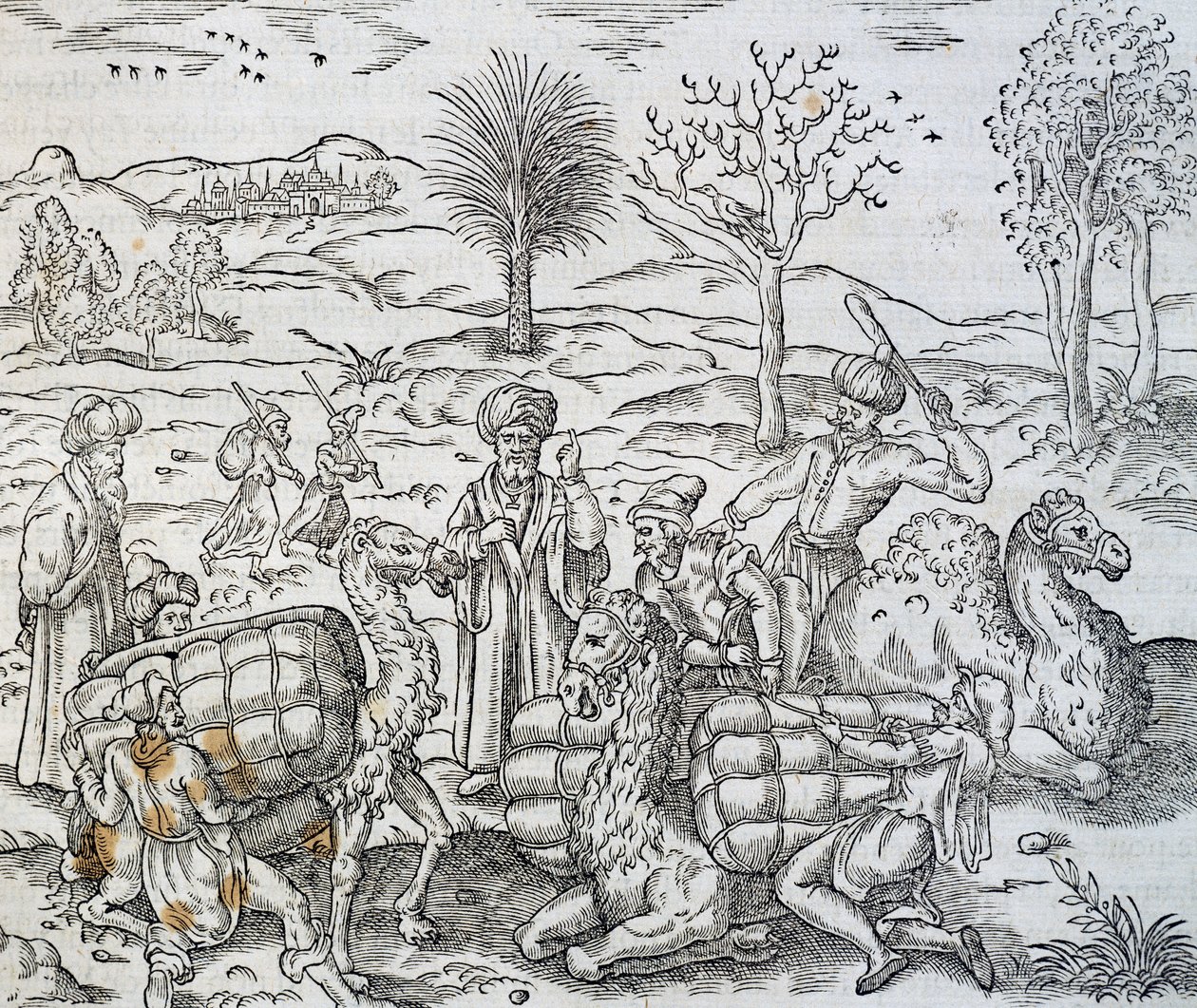 Arabští obchodníci v Sýrii, rytina z vesmírné kosmologie, Andre Thevet (1504-1592) od Andre Thevet