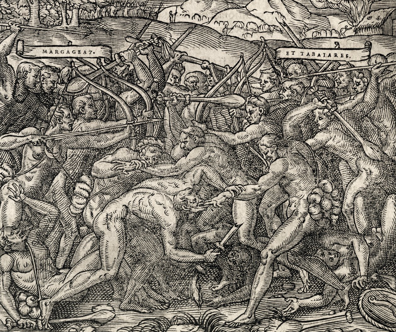 Bitva mezi kmeny Margageaz a Tabajares, rytina z Universal Cosmology, Andre Thevet (1504-1592) od Andre Thevet