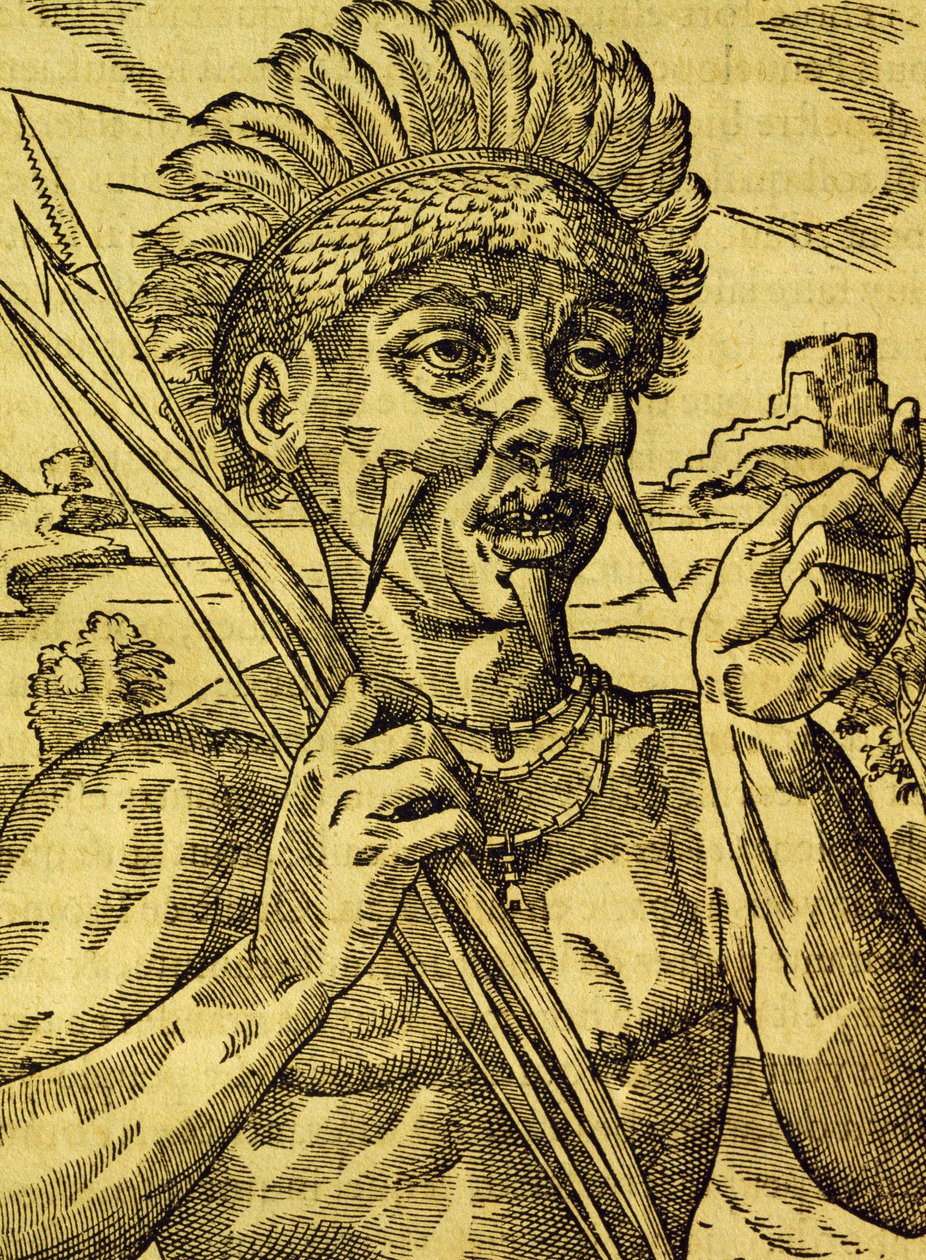 Náčelník kmene kanibalů, rytina z Universal Cosmology, Andre Thevet (1504-1592), Paříž od Andre Thevet