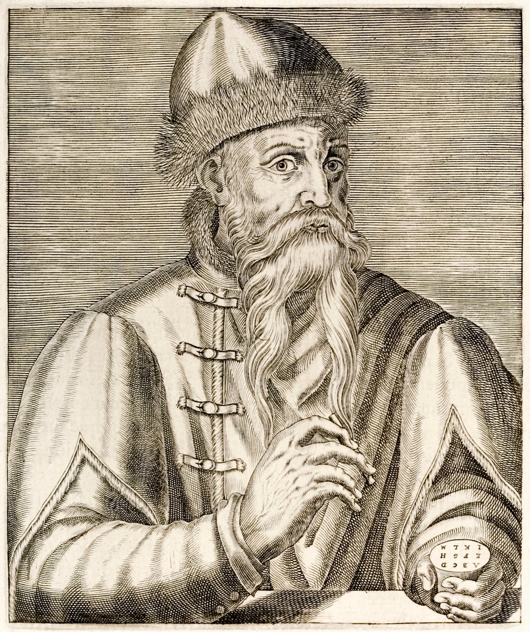 Johannes Gutenberg: Německý vynálezce, jehož vynález pohyblivého tiskového lisu odstartoval tiskařskou revoluci, z knihy True Portraits od André Théveta publikované v roce 1584 od Andre Thevet