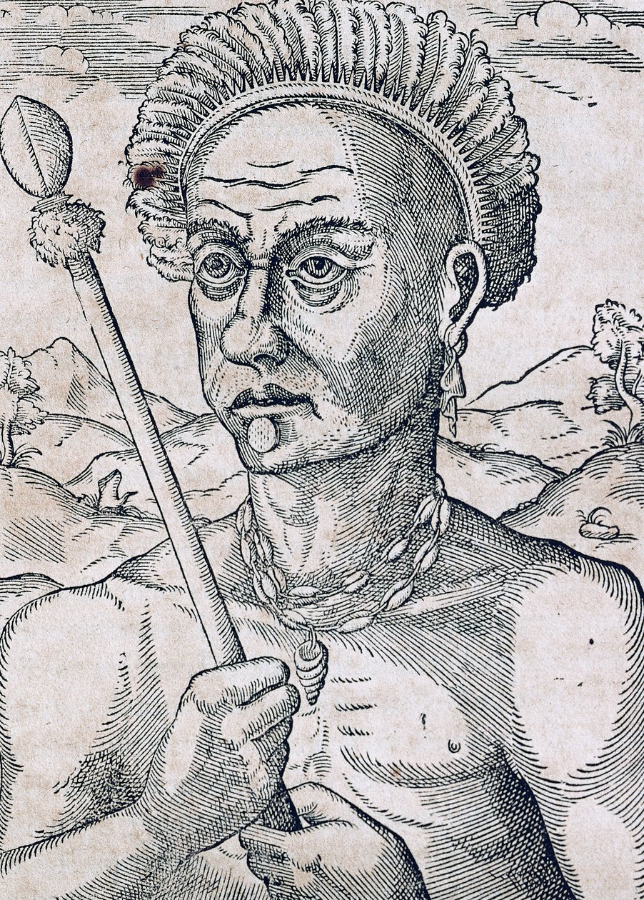 King Quoniambec, Brazílie, rytina z Universal Cosmology, Andre Thevet (1504-1592), Paříž od Andre Thevet