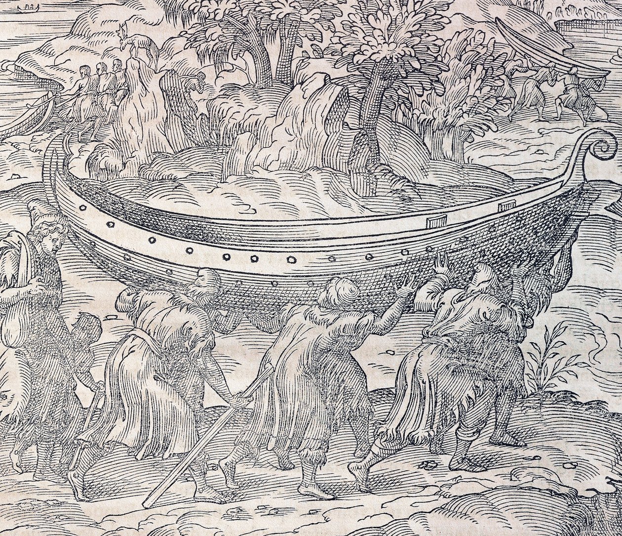 Laponci přenášející své lodě z jednoho místa na druhé, rytina z knihy Univerzální kosmologie, autor Andre Thevet (1504-1592), Paříž od Andre Thevet