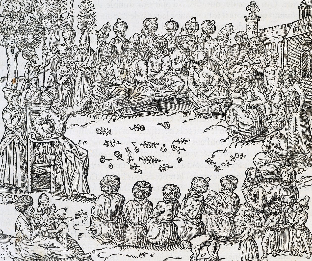 Setkání mezi Turky a Araby, Maroko, rytina z vesmírné kosmologie, Andre Thevet (1504-1592), Paříž od Andre Thevet