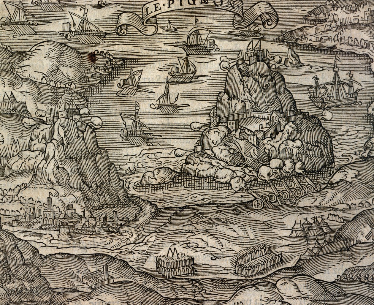Námořní bitva u ostrova Le Pignon, rytina z Cosmographie universelle, Andre Thevet (1504-1592), Paříž od Andre Thevet