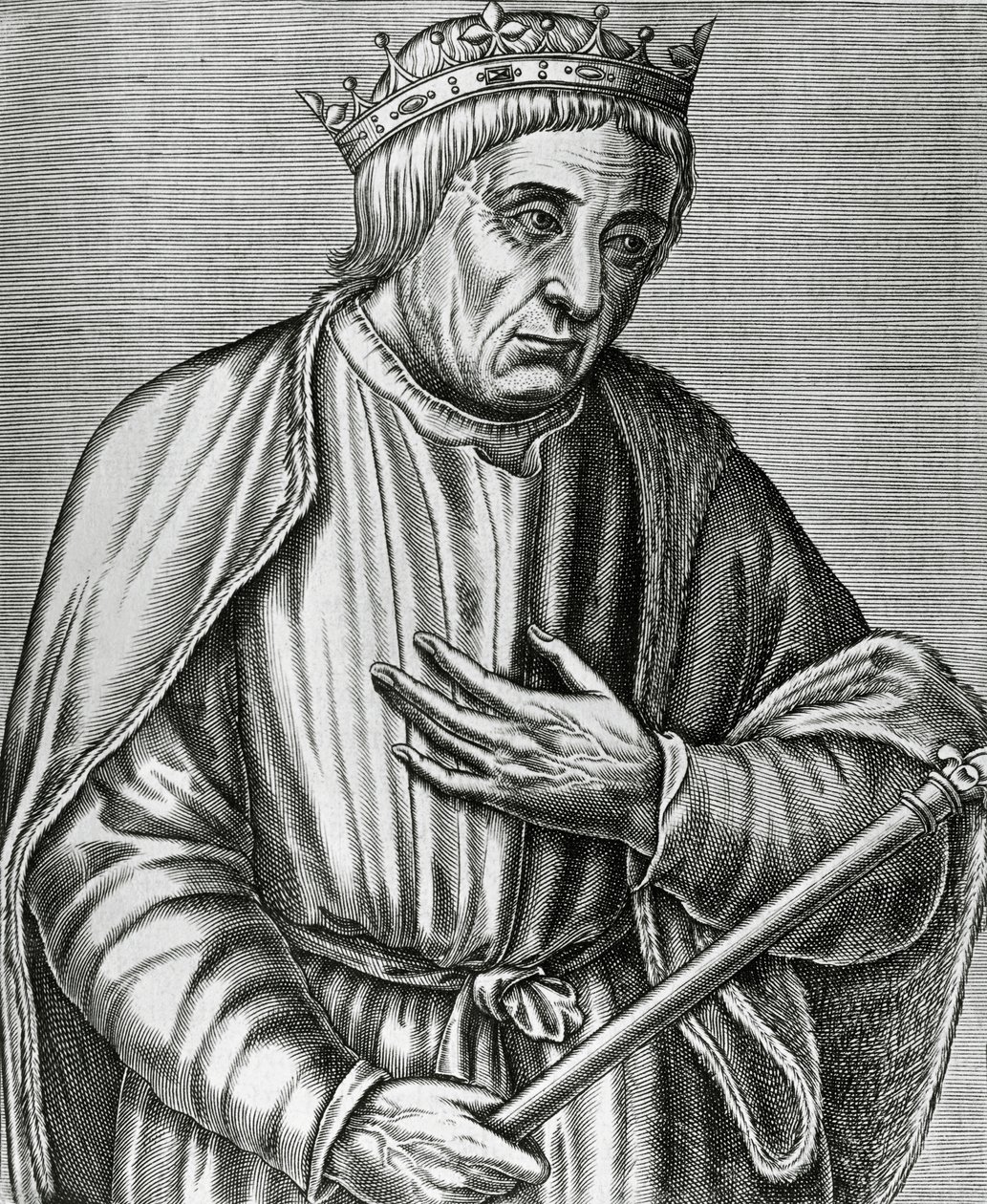 Portrét Kazimíra III., polského krále, známého jako Velký (1310-1370), rytina z Les Vrais pourtraits et Lives des Hommes illustres od Andre Thevet