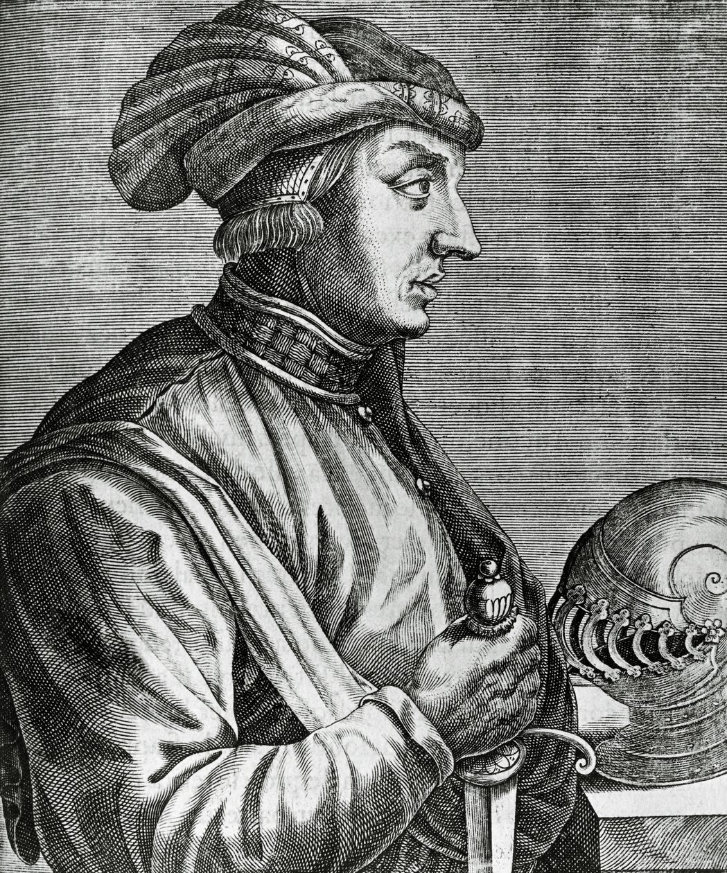 Portrét Castruccia Castracaniho (asi 1281-1328), lorda z Luccy, rytina z Les Vrais pourtraits et Vies des Hommes illustres od Andre Thevet