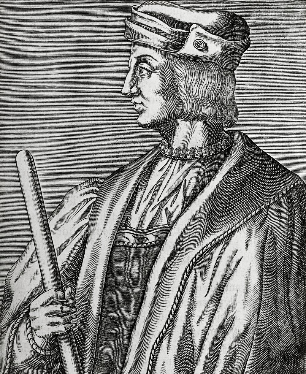 Portrét Gastona de Foix, vévody z Nemours (1489-1516), rytina z The True Portraits and Lifes of Illustrious Men od Andre Thevet