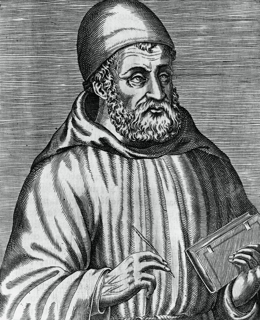 Portrét Johna Dunse, běžně nazývaného Duns Scotus (1265 nebo 1266-1308), skotský filozof a teolog, rytina Andre Thevet (1504-1592) z knihy Skutečné portréty a životy slavných řeckých, latinských a pohanských mužů od Andre Thevet