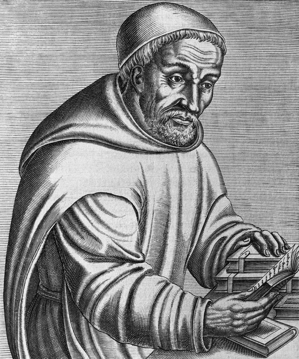 Portrét Rabana Maura Magnentia (zemřel 856), německého benediktinského mnicha a teologa, rytina da Les vrais pourtraits et vies des hommes illustrés grecz, latins et pagans, Andre Thevet od Andre Thevet