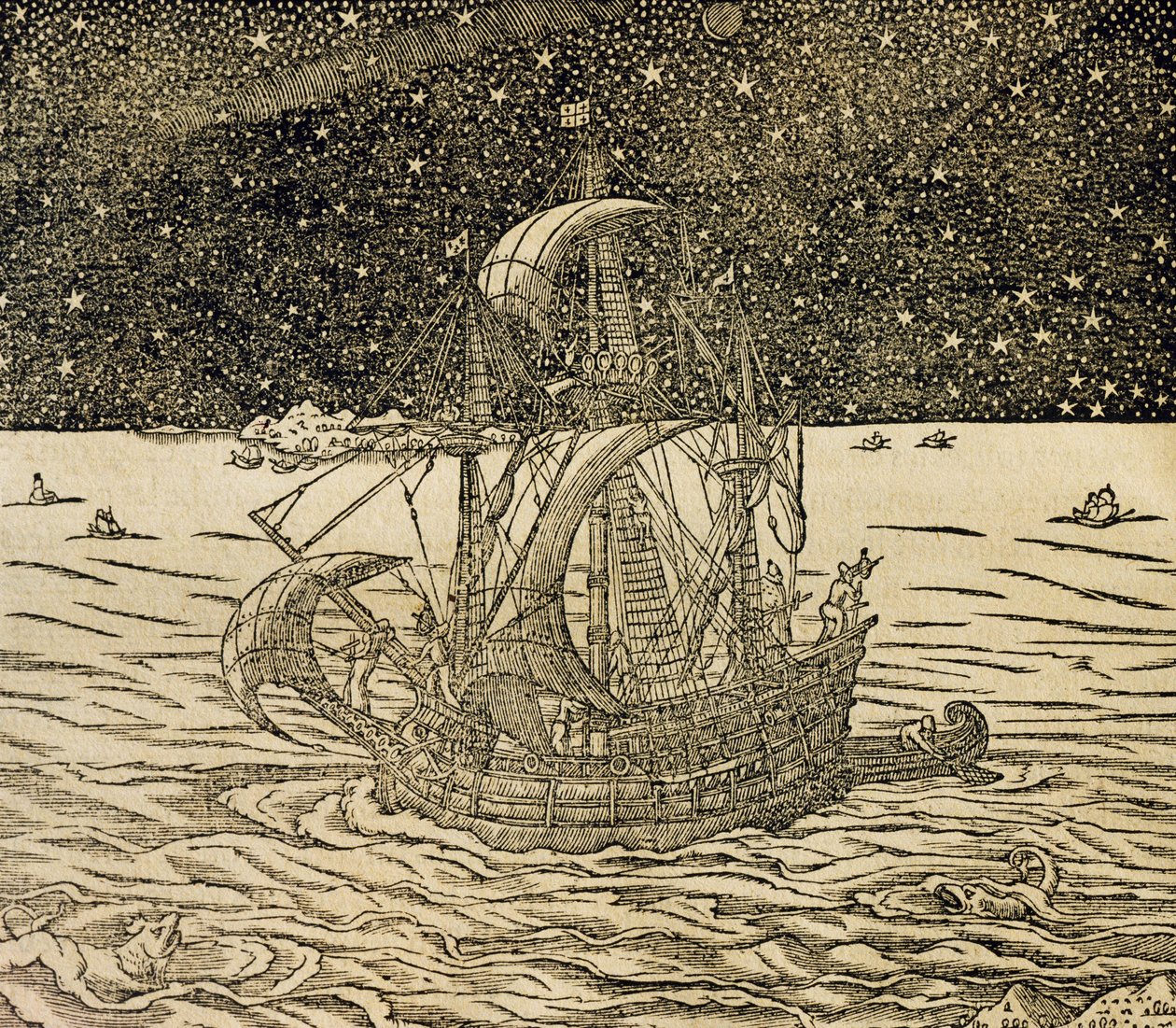 Námořníci po severní cestě, rytina z Universal Cosmology, Andre Thevet (1504-1592), Paříž od Andre Thevet