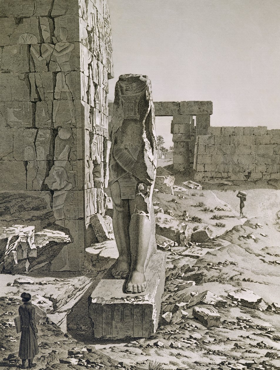 Pohled na Kolos u vchodu do hypostylových sálů paláce v Karnaku, Théby, deska 20 ze svazku III „Popisy Egypta“, vyrytý Baltardem, 1822 (akvatinta) od Andre after Dutertre