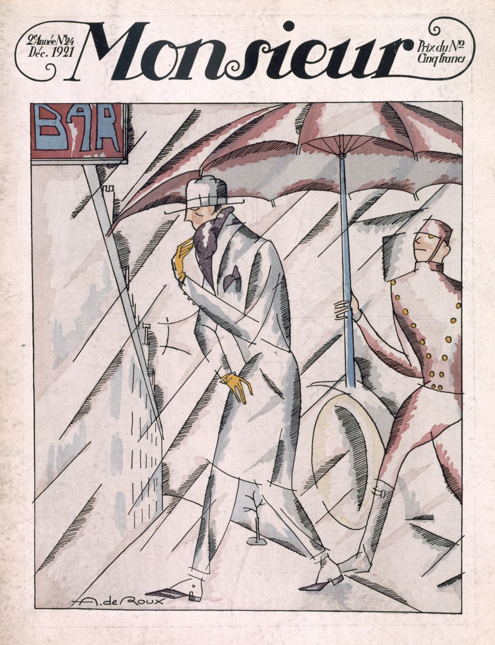 Muž v plášti, přední obálku časopisu „Monsieur“, vydání 24, Pub. Prosinec 1921 (pochoir tisk) od Andre de Roux