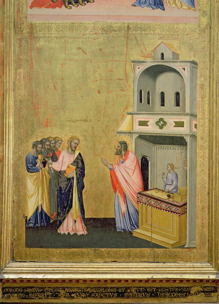 Povolání sv. Matouše, z oltářního obrazu sv. Matouše a výjevy z jeho života, kolem 1367-70 (tempera na panelu) od Jacopo di Cione