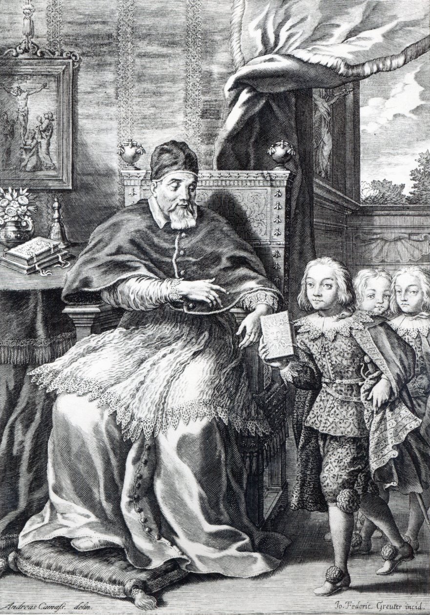 Papež Urban VIII se svými synovci, vyryl Johann Friedrich Greuter od Andrea Camassei