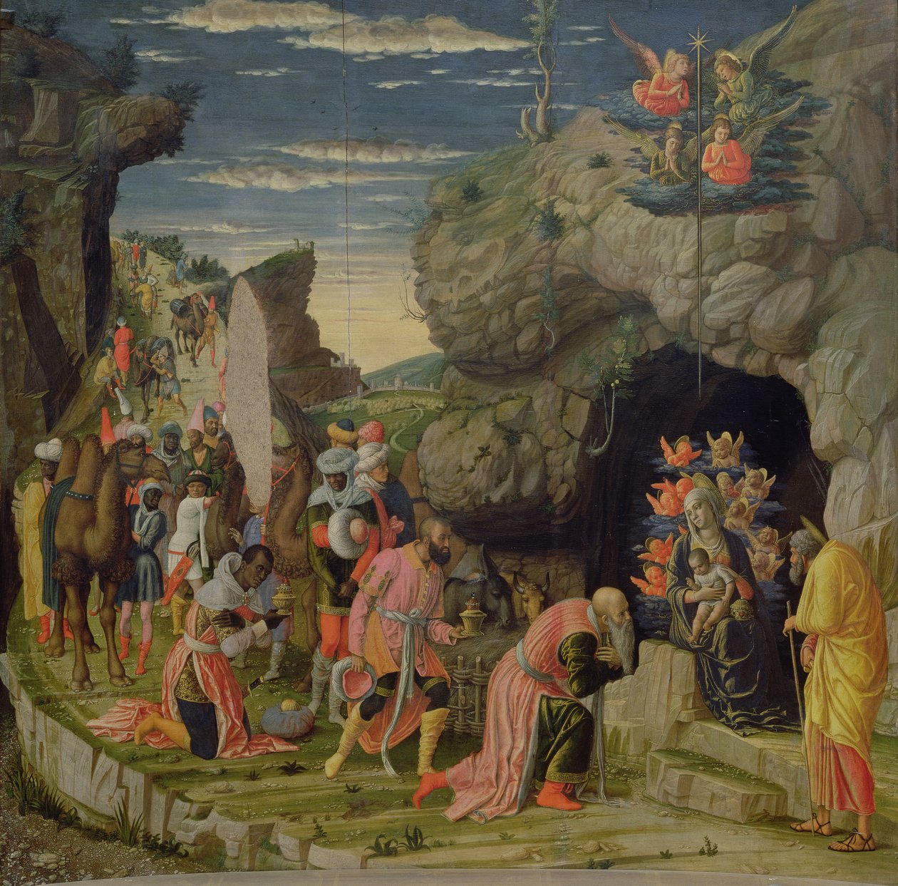 Klanění tří králů, centrální panel z oltáře, c.1466 (tempera na panelu) (viz také 50042) od Andrea Mantegna