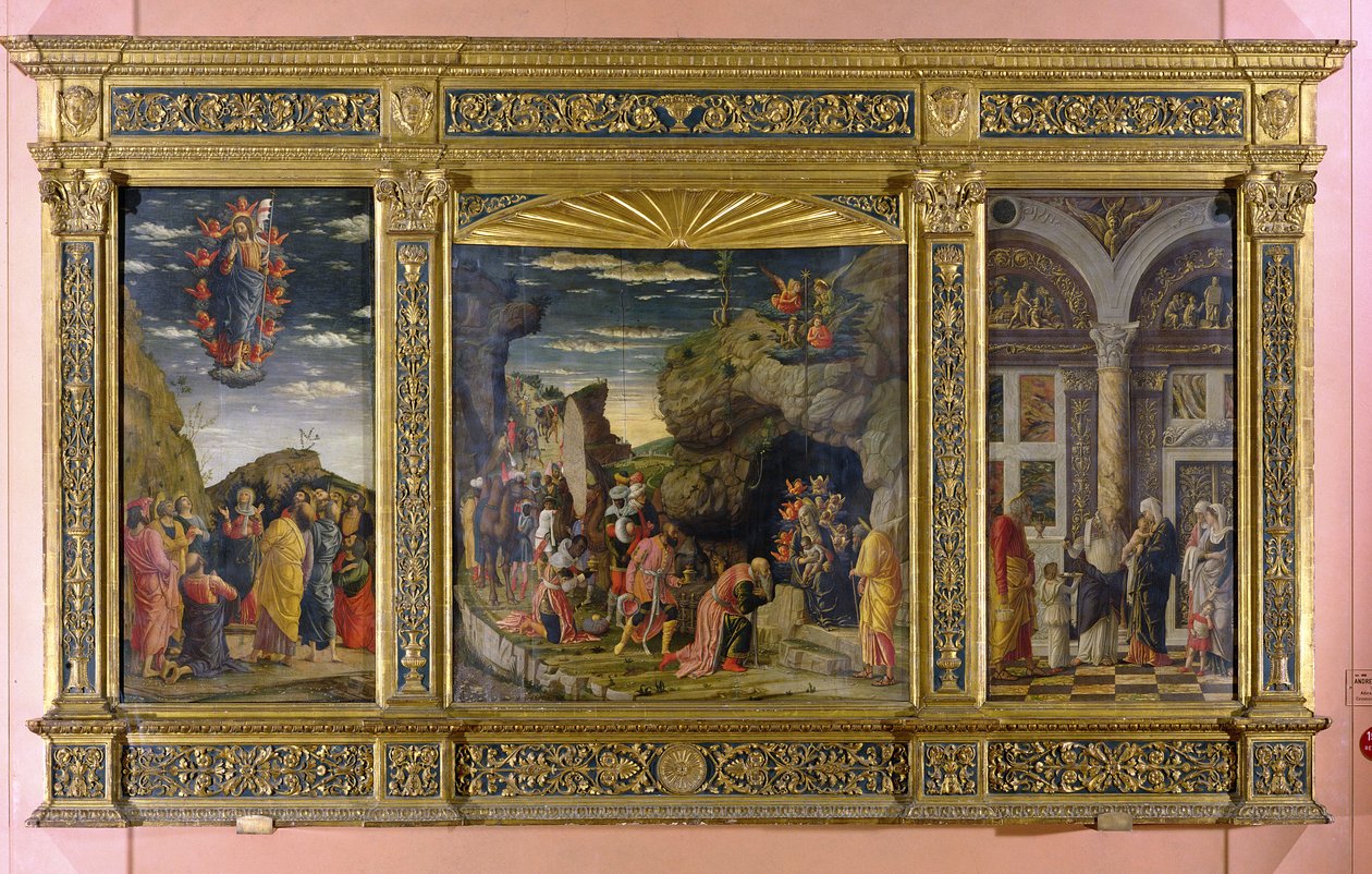 Oltářní obraz zobrazující Nanebevstoupení, Klanění tří králů a Obřízku, kolem 1463-64 (tempera na panelu) od Andrea Mantegna