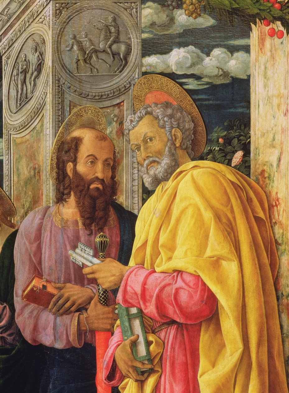 Oltářní obraz ze San Zeno Maggiore, Verona, detail levého panelu zobrazujícího svatého Petra a svatého Pavla, kolem 1456-60 od Andrea Mantegna
