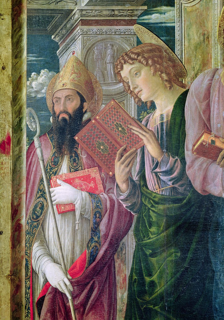 Oltářní obraz svatého Zenona z Verony, detail levého panelu s vyobrazením svatého Jana Křtitele a svatého Augustina, 1456-60 od Andrea Mantegna