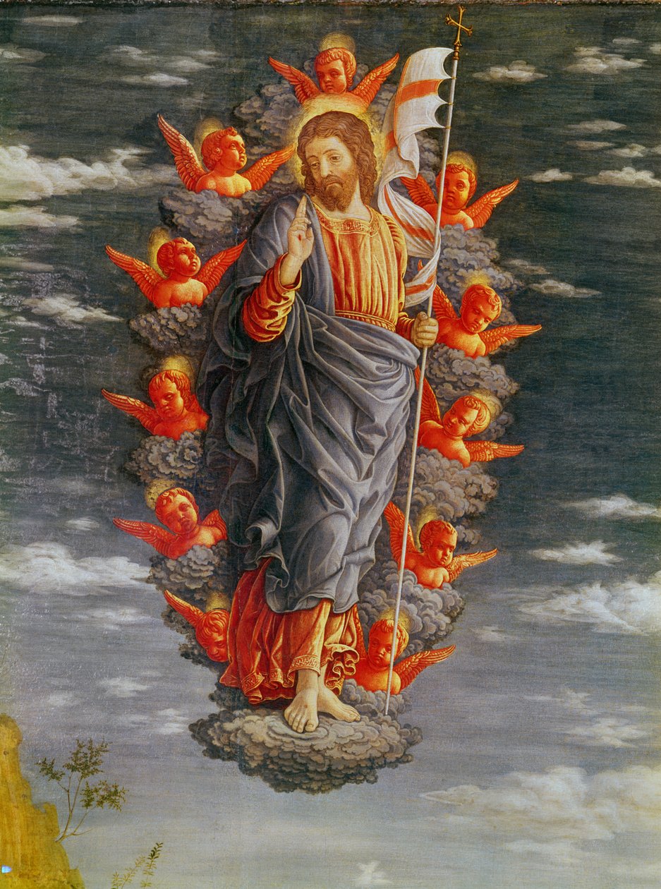 Oltářní obraz Klanění tří králů levý panel: Nanebevstoupení, detail Krista, tempera cca 1466 na panelu od Andrea Mantegna