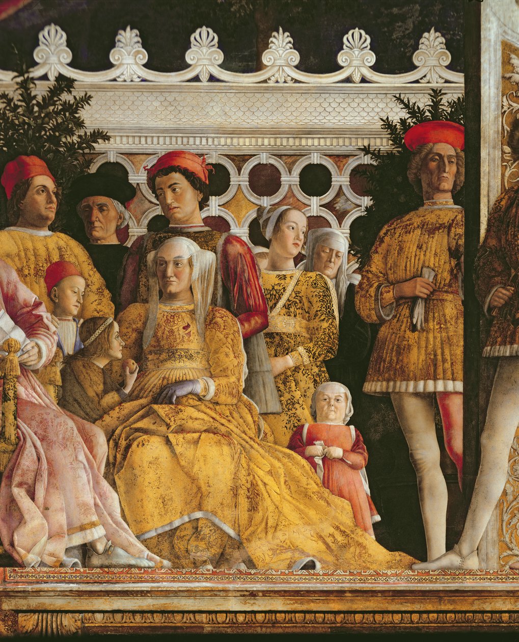 Detail Barbory Braniborské (manželky markýze Ludovika Gonzagy III. z Mantovy a jejich dětí a dvořanů), z Camera degli Sposi nebo Camera Picta, 1465-74 od Andrea Mantegna