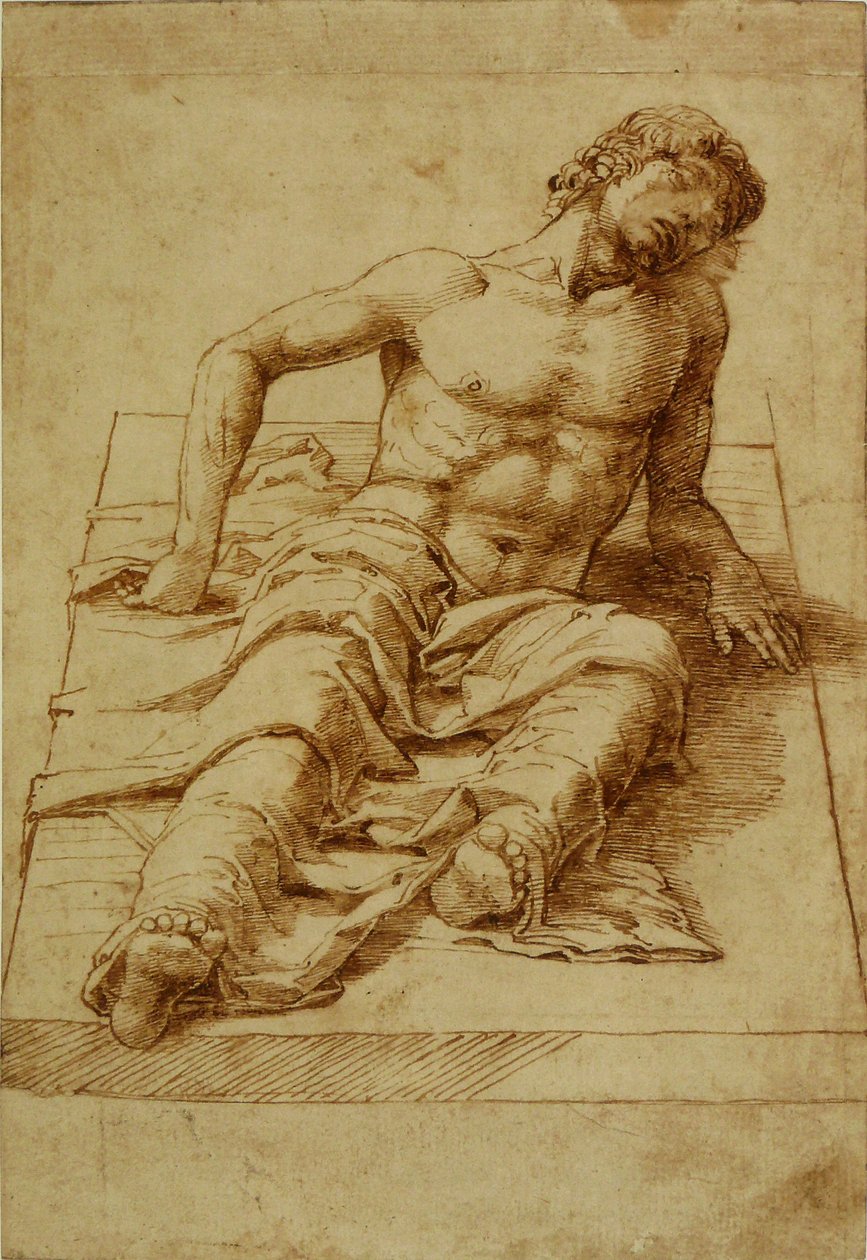 Muž ležící na kamenné desce od Andrea Mantegna