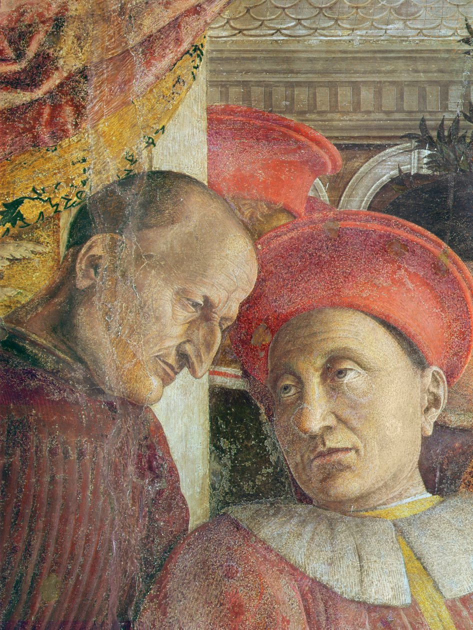 La Camera degli Sposi Svatební komnata. Ludovico II z Gonzagy a jeho dvorní detail Ludovica II a jeho sekretáře před restaurováním, freska kolem roku 1466-74 od Andrea Mantegna