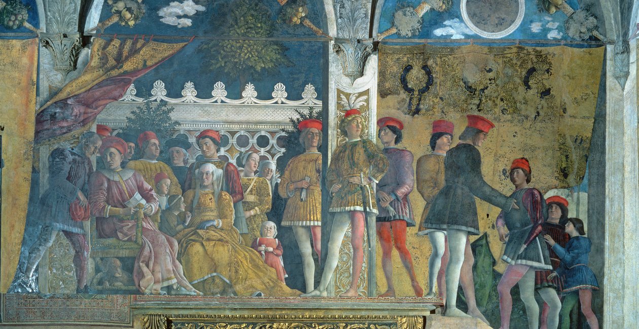 Marchese Ludovico Gonzaga III, jeho manželka Barbara Braniborská, jejich děti, dvořané a jejich pes Rubino, z Camera degli Sposi neboli Camera Picta, 1465-74 od Andrea Mantegna
