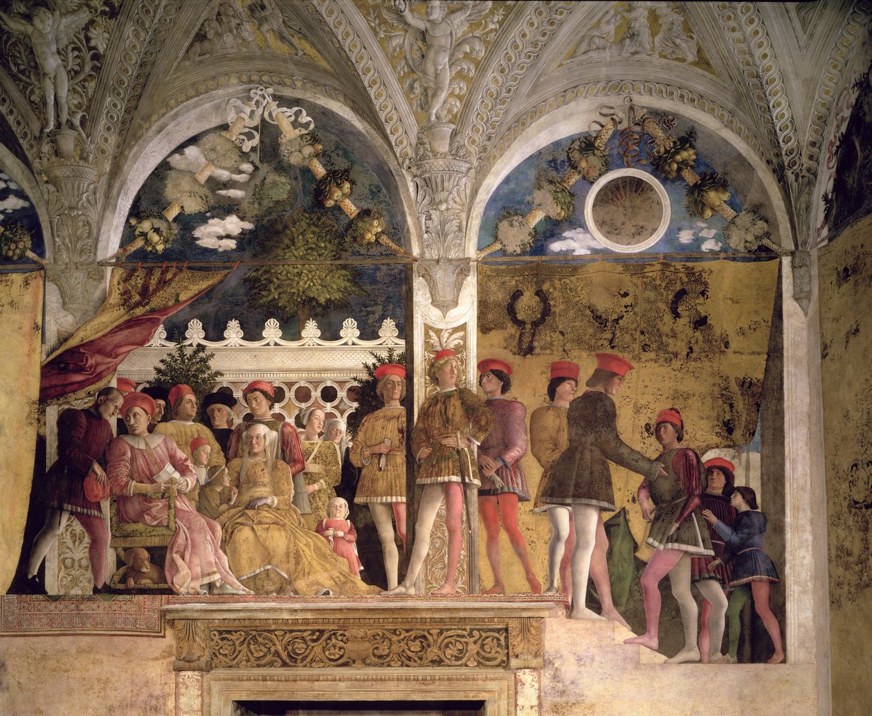Marchese Ludovico Gonzaga III z Mantovy (reg. 1444-78), jeho manželka Barbara Braniborská, děti, dvořané a jejich pes Rubino, z Camera degli Sposi neboli Camera Picta, 1465-74 (detail od Andrea Mantegna
