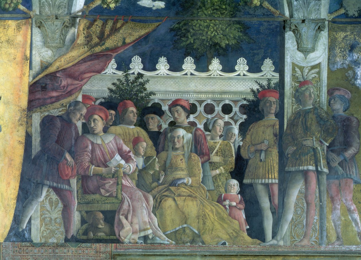 Markýz Ludovico Gonzaga III. z Mantovy (vládl 1444-78), jeho manželka Barbara Braniborská, děti, dvořané a jejich pes Rubino, z Camera degli Sposi nebo Camera Picta, 1465-74 (det. od Andrea Mantegna