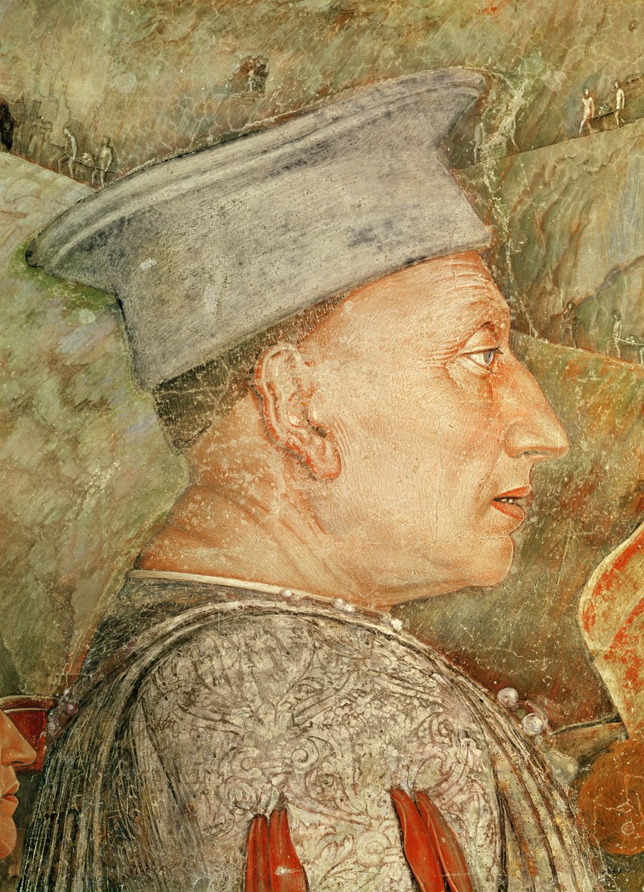 Marchese Ludovico Gonzaga III z Mantovy zdraví svého syna kardinála Francesca Gonzagu, detail Ludovica Gonzagy, c.1465-74 detail fresky z 78456, 78454 od Andrea Mantegna