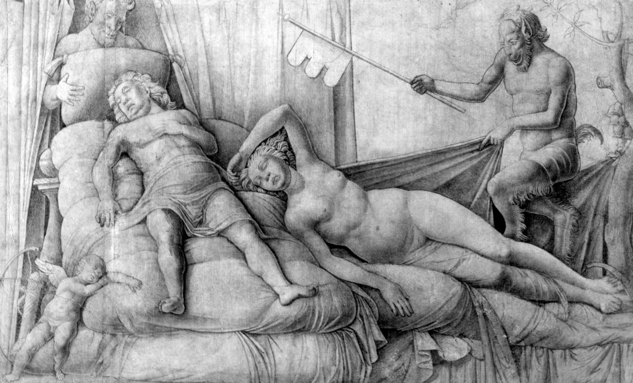 Nahá žena spí s Cupidem a Satyry od Andrea Mantegna