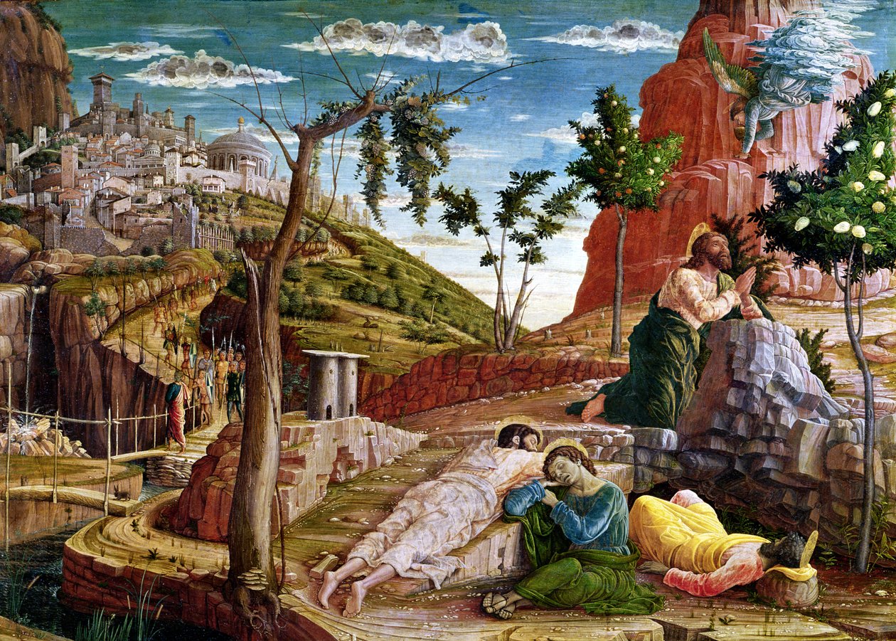Agónie v zahradě, levá předella panel z oltářního obrazu sv. Zena z Verony, 1456-60 od Andrea Mantegna