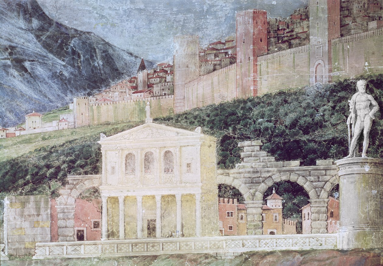 Příjezd kardinála Francesca Gonzagy, detail pozadí zobrazující idealizovaný pohled na Řím, cca 1465-74 (detail 78457, 78449) od Andrea Mantegna