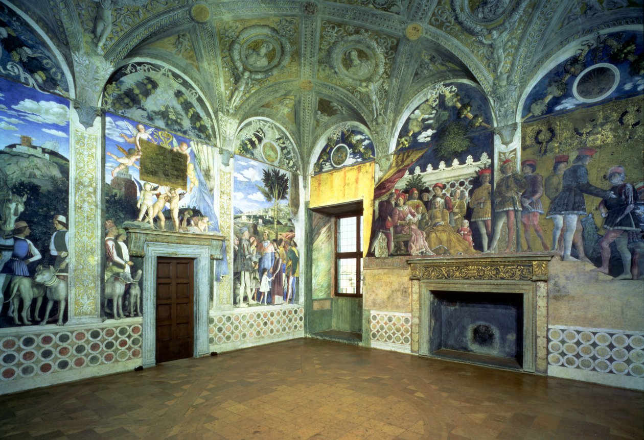 Camera degli Sposi neboli Camera Picta se scénami ze dvora v Mantově, zobrazující Marchese Ludovica Gonzagu III a jeho manželku Barboru Braniborskou, jejich děti, dvořany a zvířata, 1465- od Andrea Mantegna