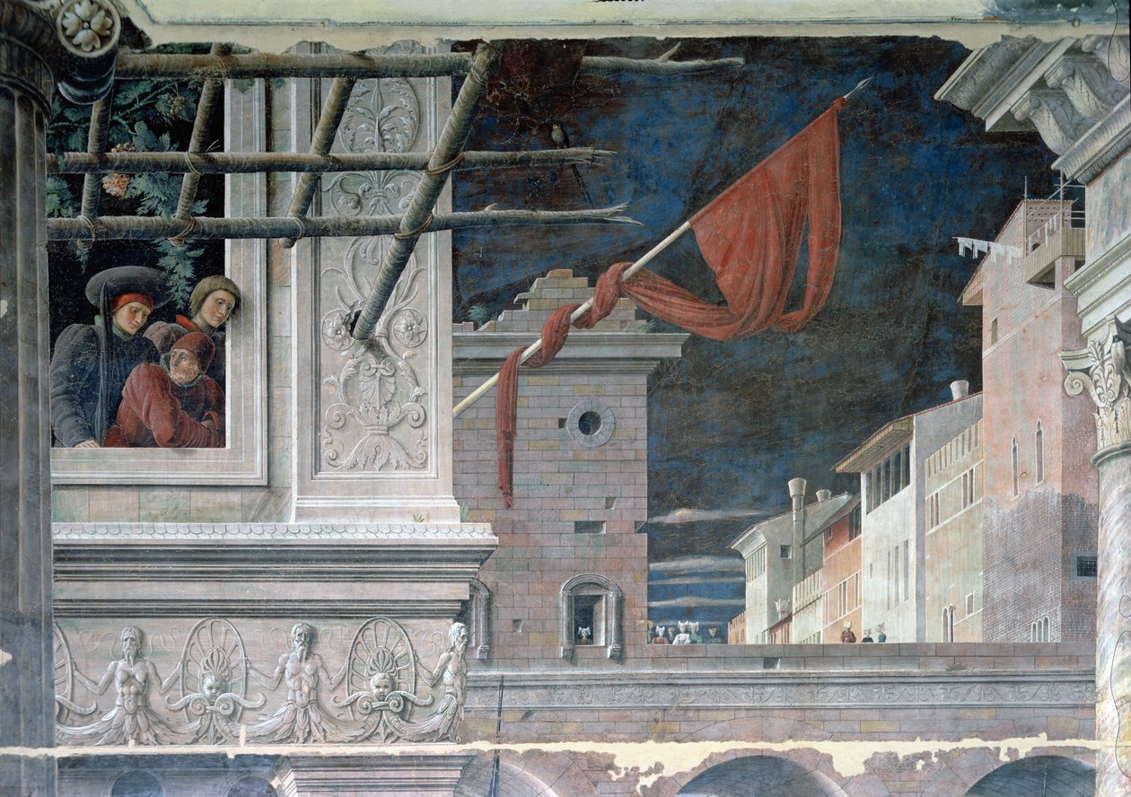 Umučení sv. Kryštofa, detail budov, cca 1450-56 od Andrea Mantegna