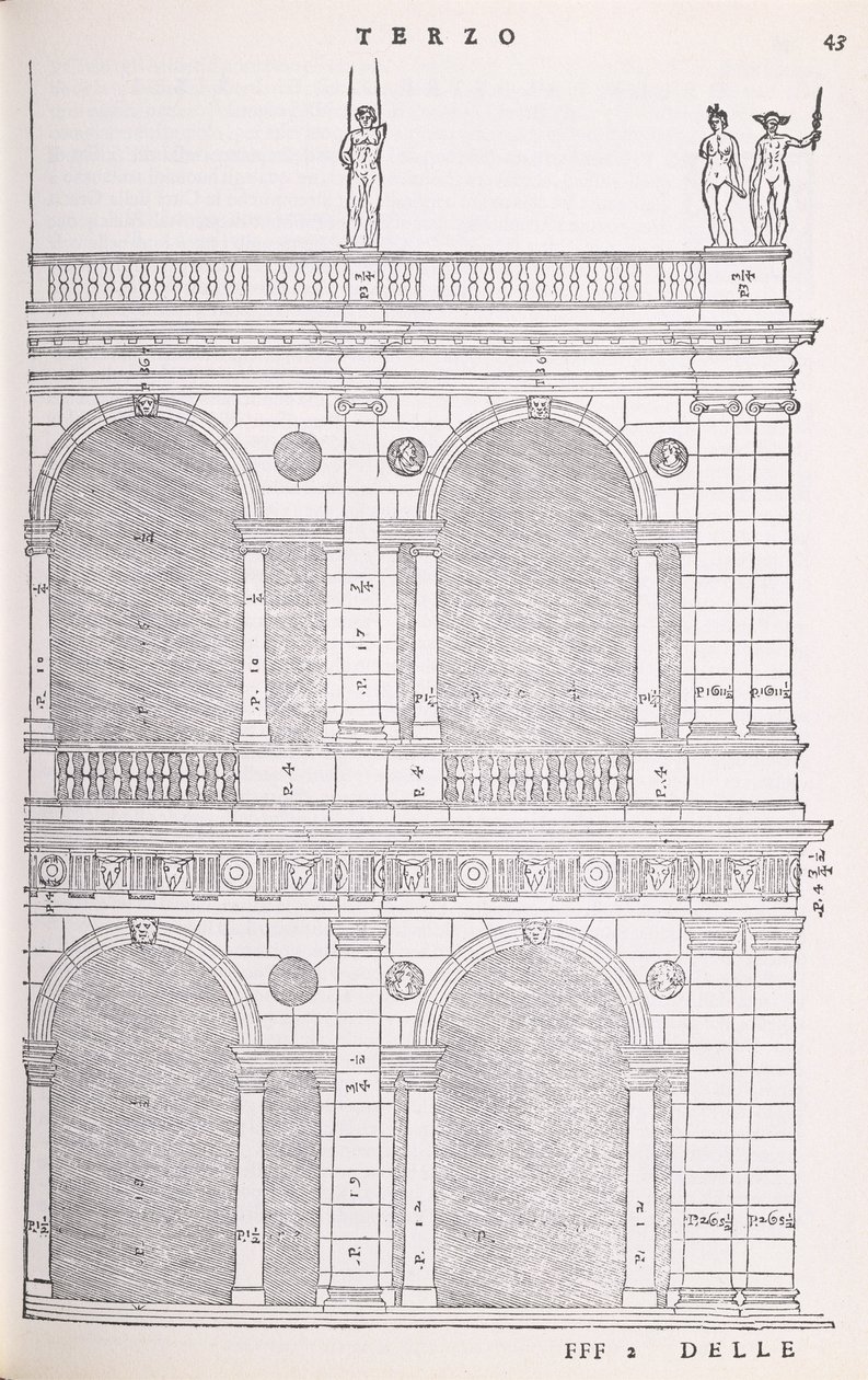 Výškový detail baziliky ve Vicenze, ilustrace z faksimilní kopie I Quattro Libri dellArchitettura napsané Palladiem, původně vydané 1570 od Andrea Palladio