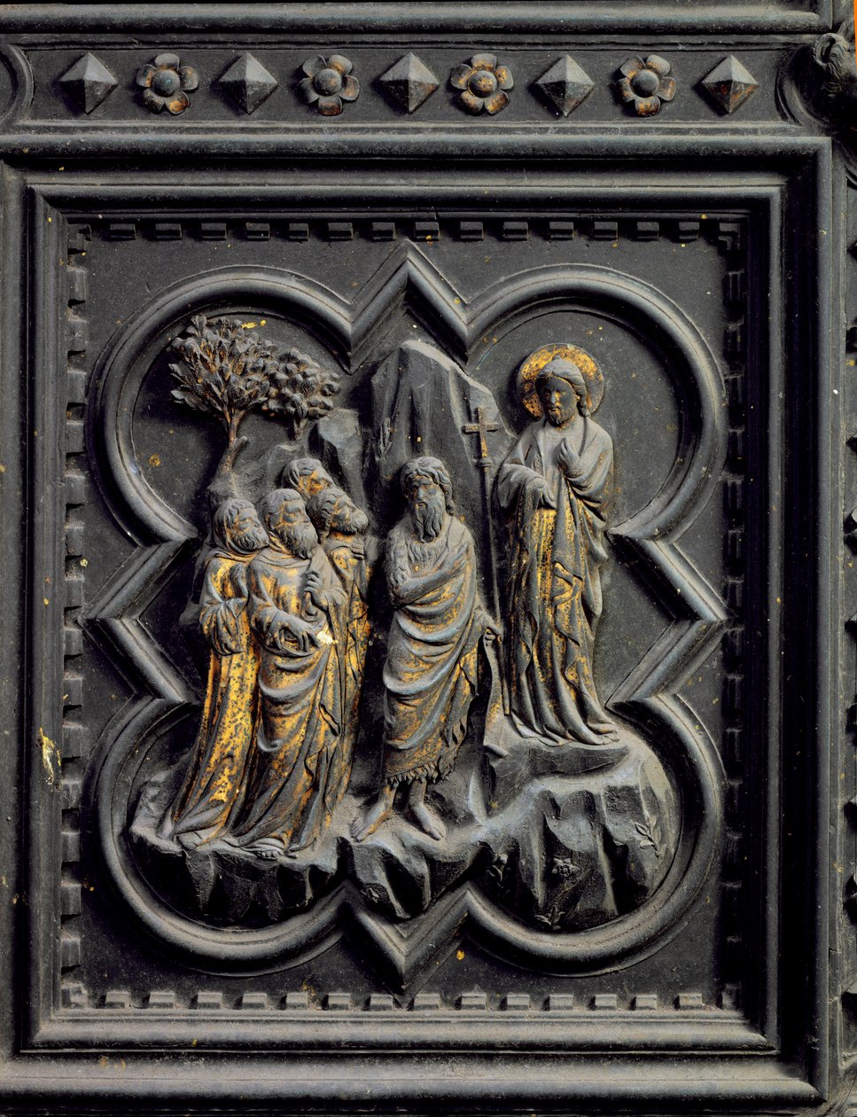 Svatý Jan Křtitel ohlašuje Krista, osmý panel jižních dveří baptisteria San Giovanni, 1336 (bronz) od Andrea Pisano