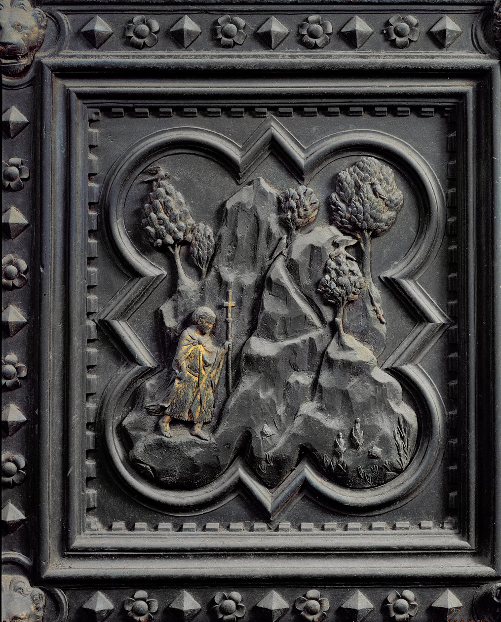 Svatý Jan Křtitel jako chlapec v poušti, šestý panel jižních dveří baptisteria San Giovanni, 1336 (bronz) od Andrea Pisano