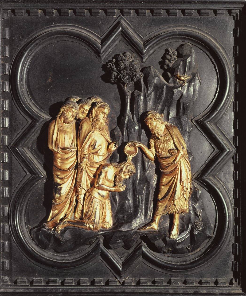 Svatý Jan Křtitel křtící v řece Jordán, od jižních dveří baptisteria San Giovanni, 1336 (bronz) od Andrea Pisano