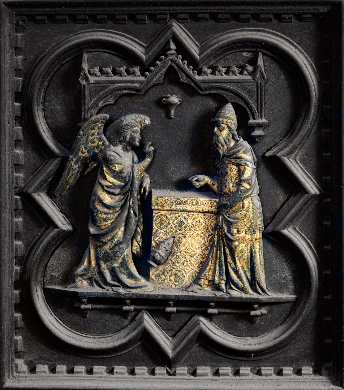 Anděl oznamuje Zachariášovi, první panel jižních dveří baptisteria San Giovanni, 1336 (bronz) od Andrea Pisano
