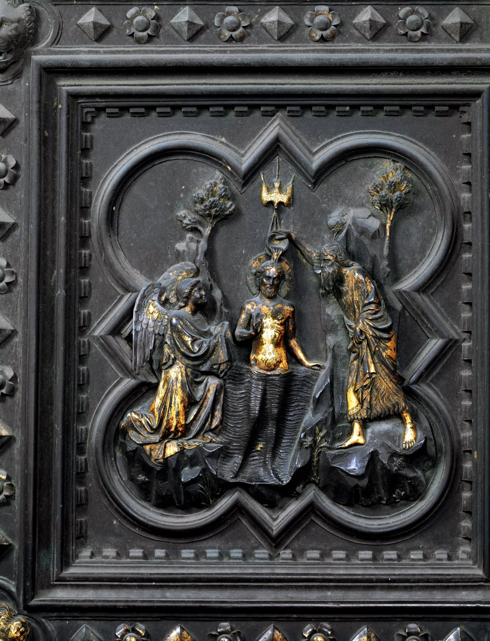 Křest Krista svatým Janem Křtitelem, desátá deska jižních dveří baptisteria San Giovanni, 1336 (bronz) od Andrea Pisano