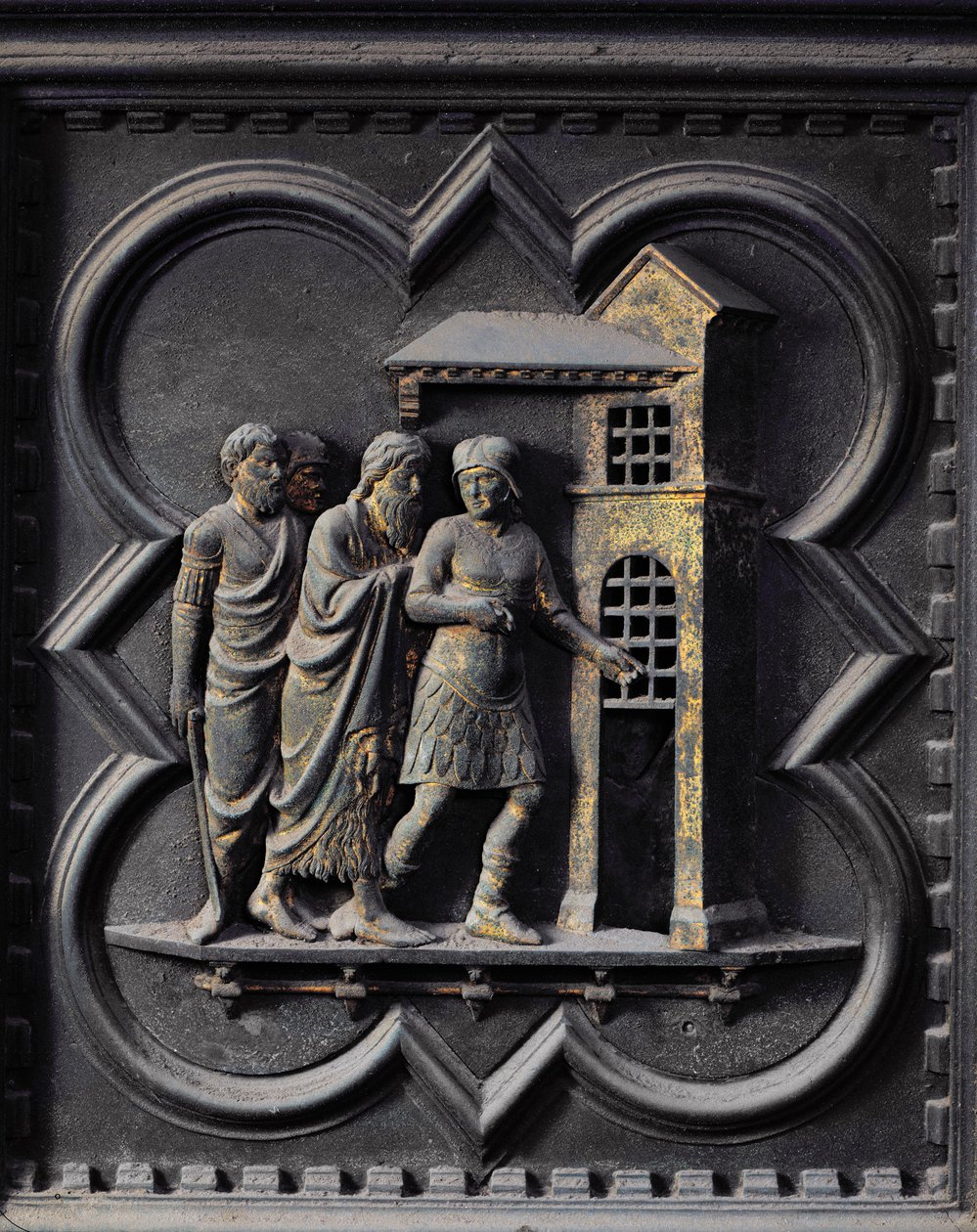 Uvěznění svatého Jana Křtitele, dvanáctá deska jižních dveří baptisteria San Giovanni, 1336 (bronz) od Andrea Pisano
