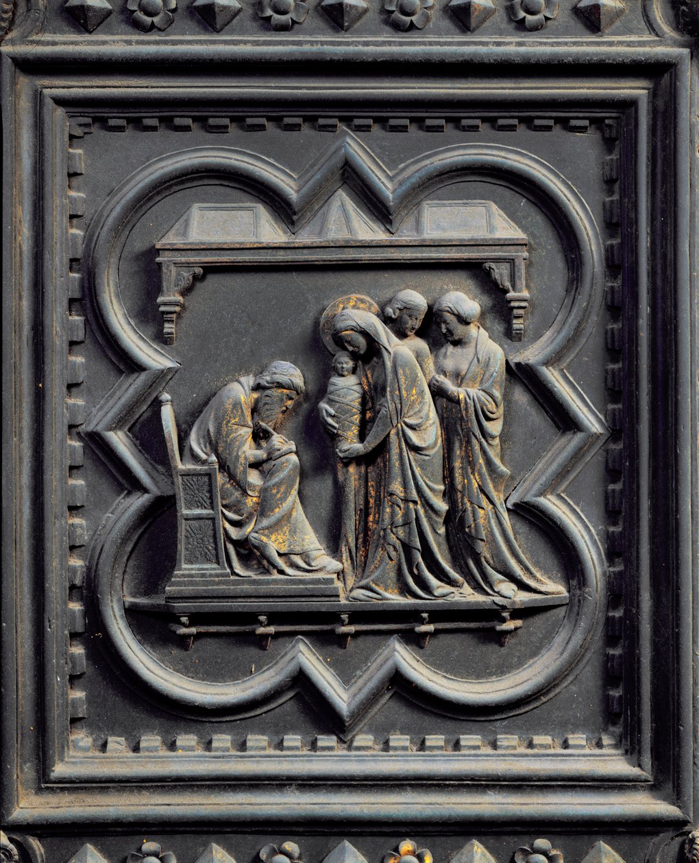 Zachariáš píše jméno chlapce, pátá deska jižních dveří baptisteria San Giovanni, 1336 (bronz) od Andrea Pisano
