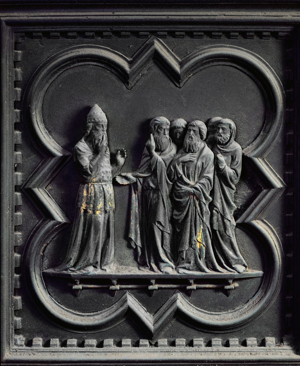 Zachariáš je zasažen němotou, druhá deska jižních dveří baptisteria San Giovanni, 1336 (bronz) od Andrea Pisano
