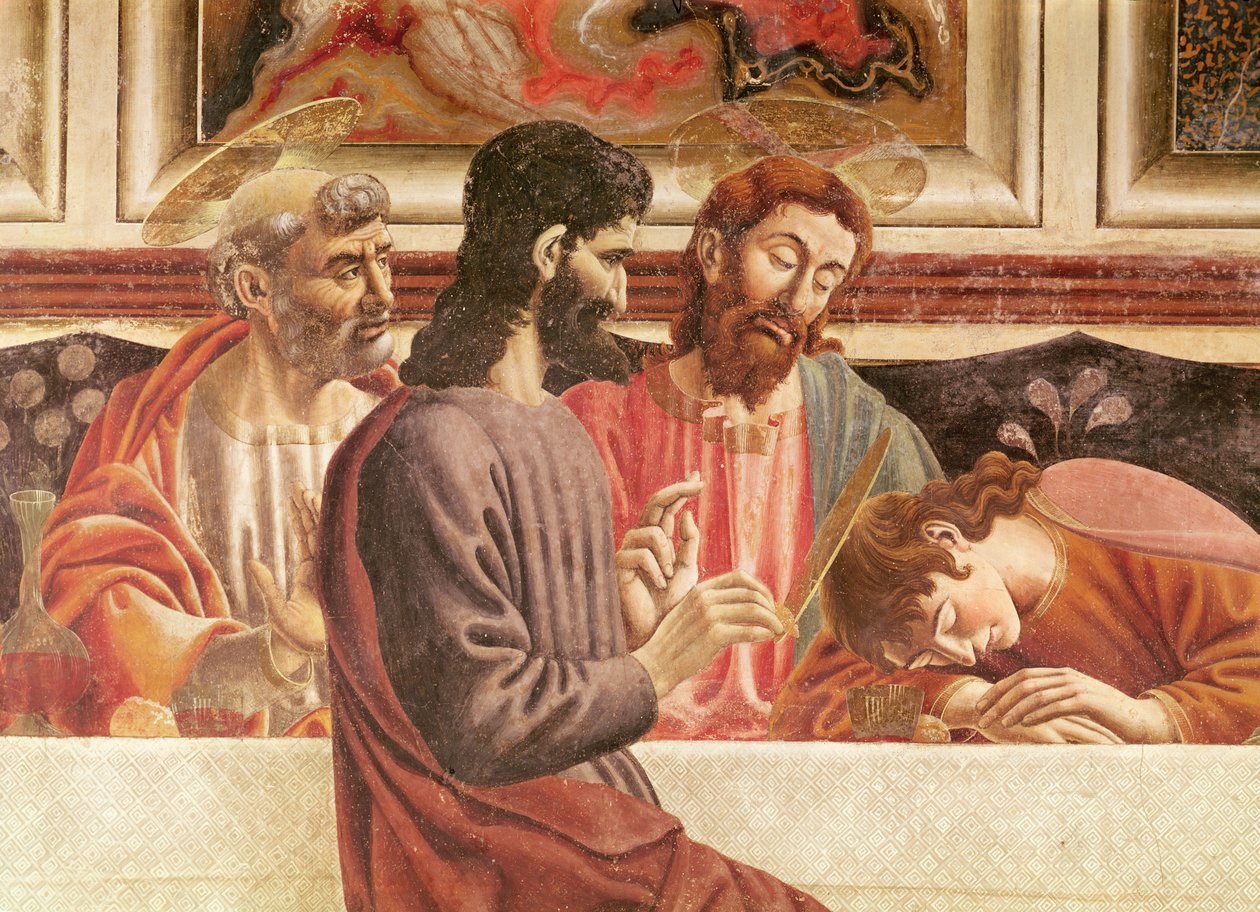 Poslední večeře, detail svatých Jana a Petra, Krista a Jidáše, 1447 (detail 85172) od Andrea del Castagno