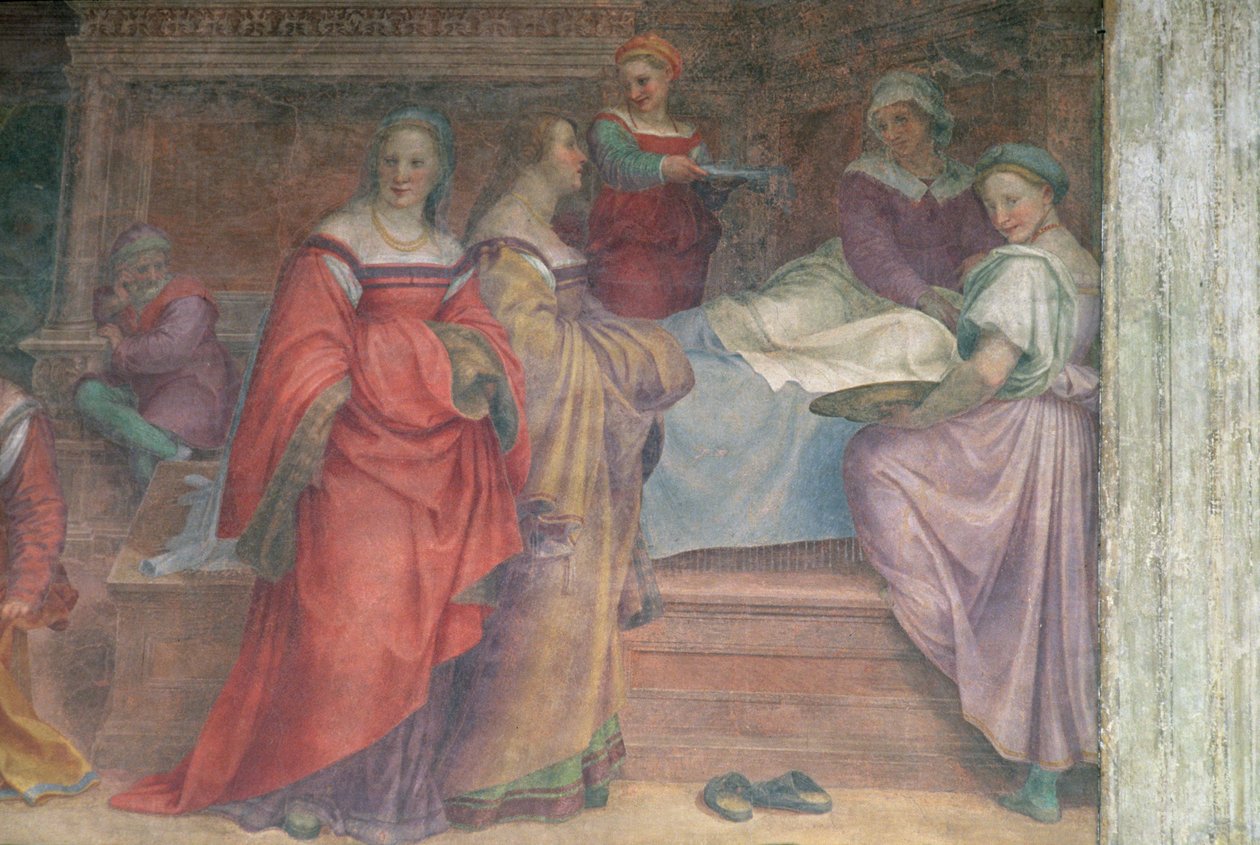 Postelová scéna z Narození Panny Marie (detail) od Andrea del Sarto