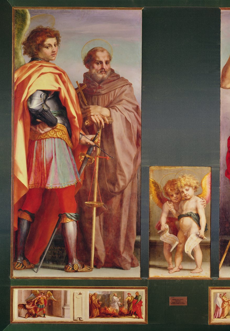 Polyptych z opatství Vallombrosa, detail levé strany zobrazující archanděla Michaela a svatého Benedikta, 1528 (detail 50405) od Andrea del Sarto