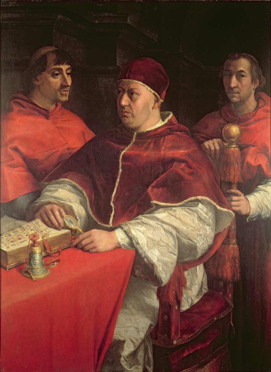 Papež Lev X se dvěma kardinály, podle obrazu od Raphaela (tempera na panelu) od Andrea del Sarto