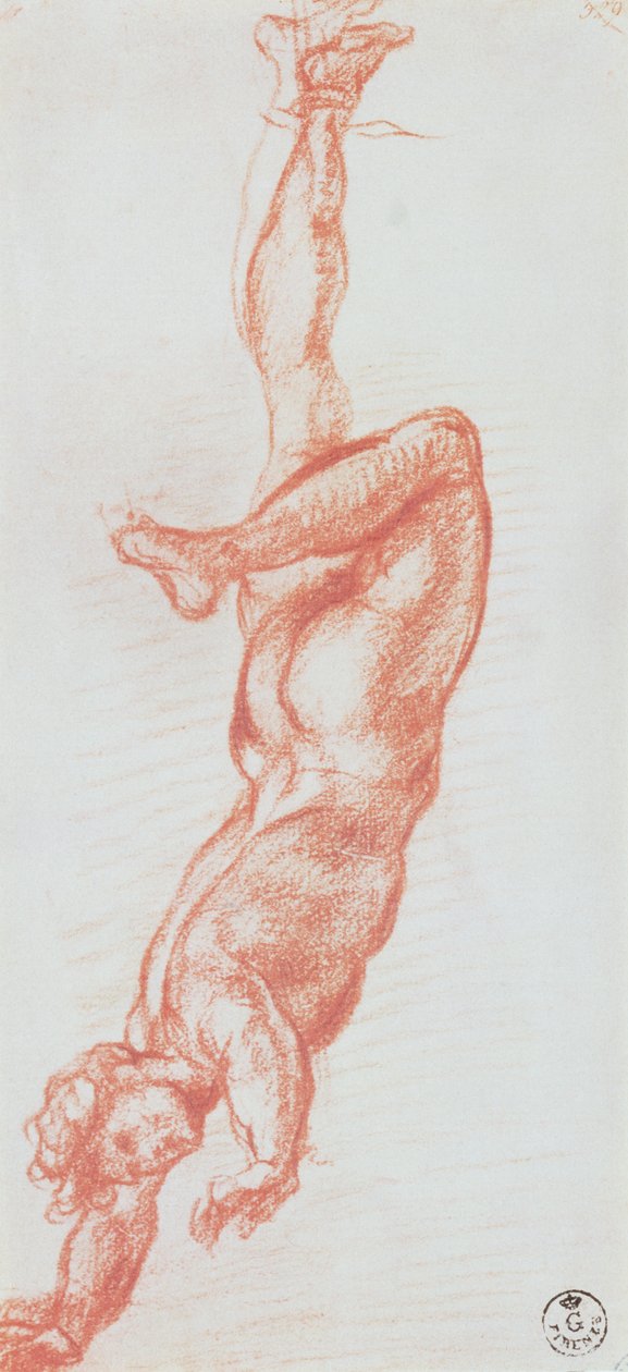 Studie nahého muže zavěšeného za pravou nohu (křída na papíře) od Andrea del Sarto